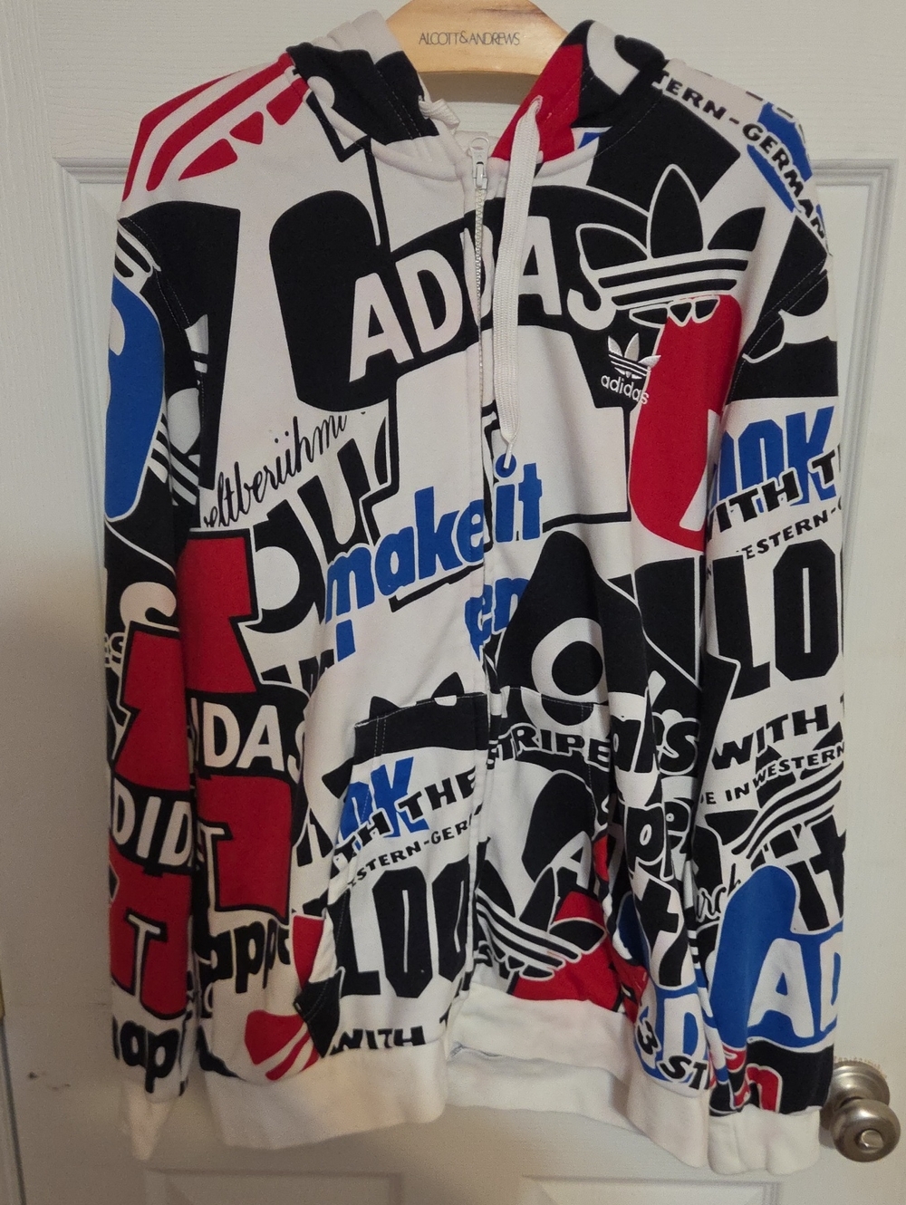 adidas Men White Graphic Zip Hoodie with Red & Blue Accents